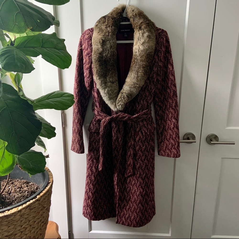 Club Monaco Burgundy Trench Coat with Faux Fur Collar